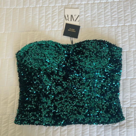 Zara Tops - Zara Green Sequin Strapless Top Corset Crop Top